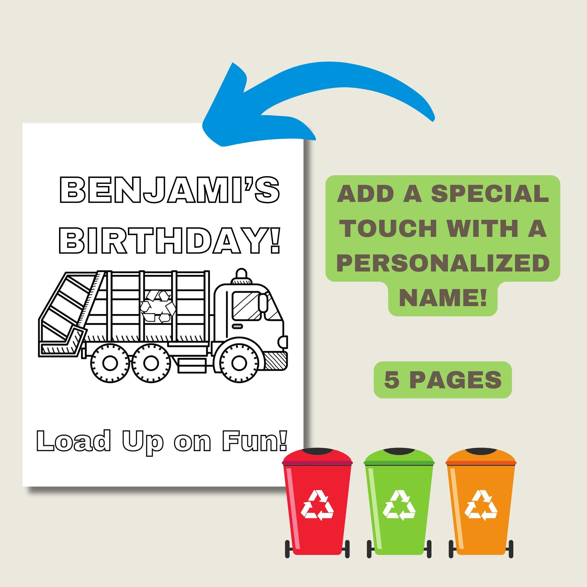 Personalized Garbage Truck Birthday Coloring Pages, 5 Birthday Coloring ...