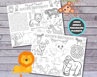 Personalized Set of Two Jungle Animals  Activity Sheets, Animal  Theme Birthday Party Placemats,  Party Favor , Coloring Sheet, Digital