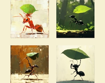 Entomologie, mier, aquareltekening, set tekeningen, wanddecoratie, cadeau voor een entomoloog