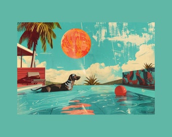 Eames Retro mid-century modern print, dog in a pool with a ball, cheerful wall decoration, hot summer day.