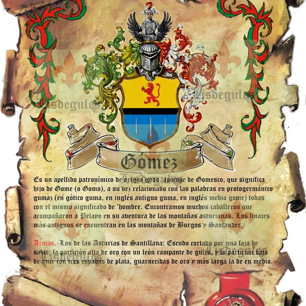 Pergamino del apellido  Gómez para imprimir y enmarcar. Available for download in English
