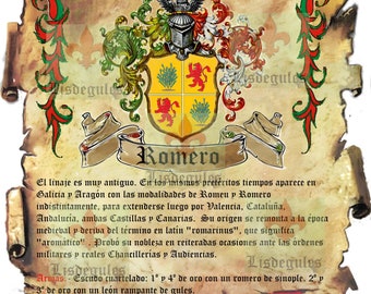 Pergamino del apellido Romero  para imprimir y enmarcar. Available for download in English