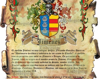 Pergamino del apellido Jiménez para imprimir y enmarcar. Available for download in English