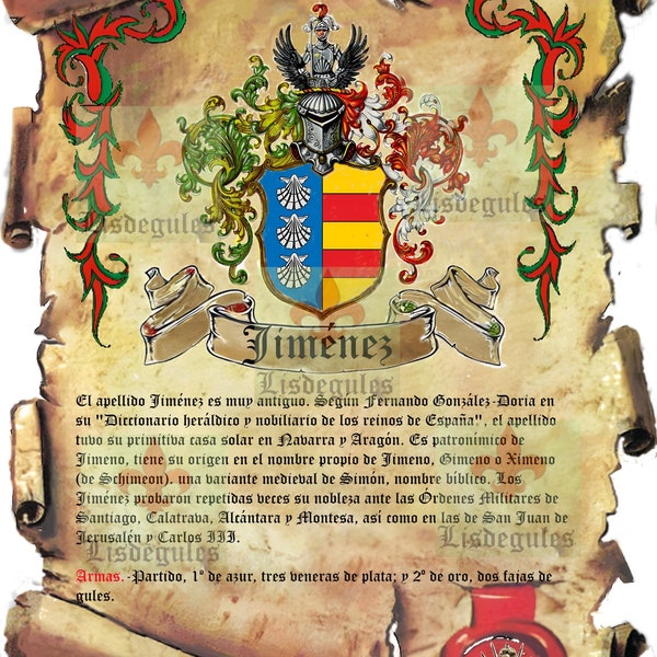 Pergamino del apellido Jiménez para imprimir y enmarcar. Available for download in English