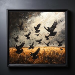 Dark Forest Crow Wall Art - Black Crow Painting & Dark Cottagecore Printable, Fantasy Forest Decor, Dark Academia Animal Art