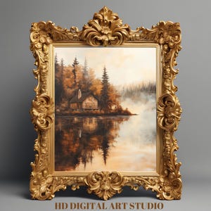 Autumn Lake House Wall Art – Vintage Landscape Painting, Rustic Cabin Decor, Coastal Fall Scene Downloadable Print, Antique Farmhouse Art