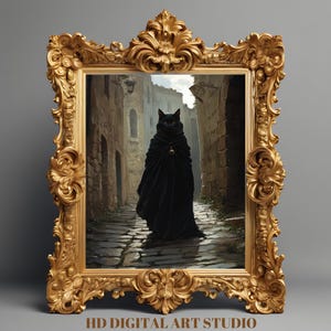 Black Cat Print Gothic Victorian Painting & Cat Portrait - Renaissance Animal Art Vintage Cat Wall Art for Witchy Halloween Decor
