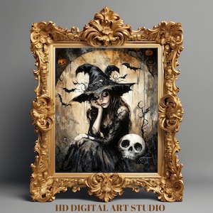 Halloween Witch Wall Art – Moody Gothic Woman Painting, Vintage Occult Decor, Witchcore & Witch Aesthetic for Spooky Home Decor