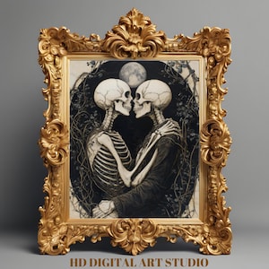 Skeleton Lovers Wall Art - Romantic Skeleton Couple Print for Gothic Love - Valentine’s Digital Download & Spooky Dark Academia Decor