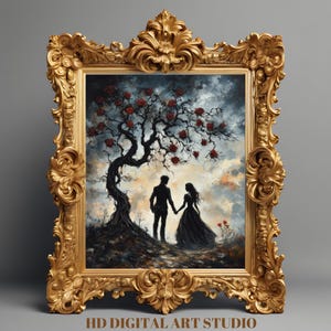 Romantische muurkunst - Donker olieverfschilderij van verliefd stel - Valentijnsdagprint en jubileumcadeau voor humeurige muurkunst en romantisch decor