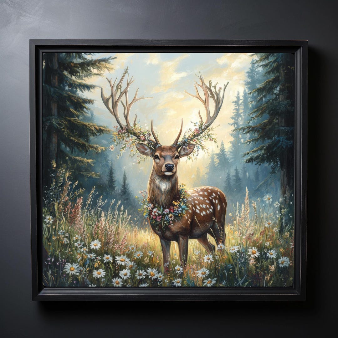 Enchanted Forest Stag Print - Vintage Deer Art & Hunting Gift, Dark ...