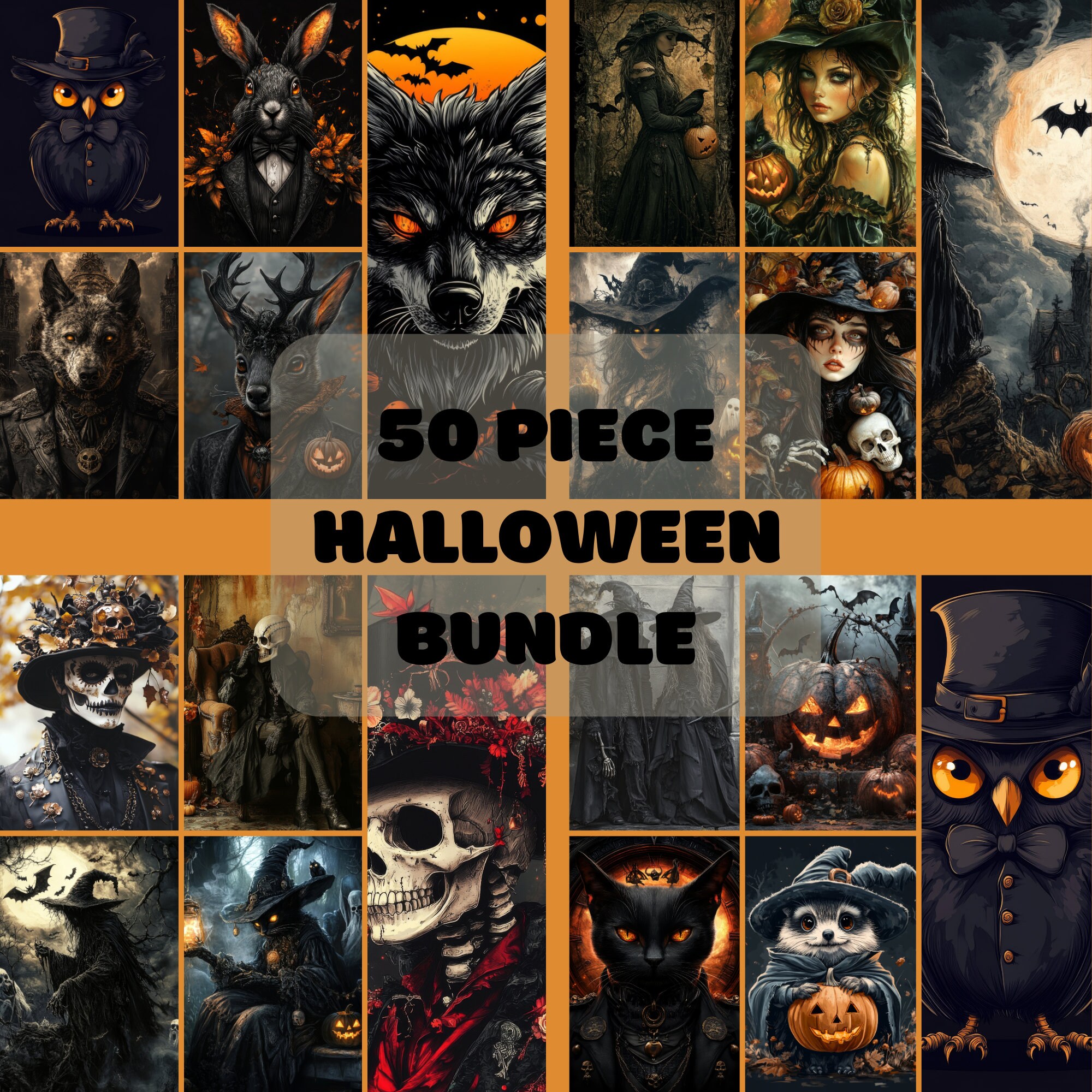 50 Piece Vintage Halloween Art Print Bundle and Gallery Wall Set Spooky ...