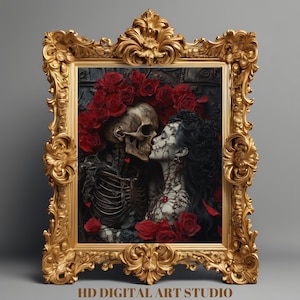 Gothic Love Wall Art - Skeleton Lovers Print, Romantic Skeleton Couple, Dark Academia Decor & Spooky Valentine Digital Download