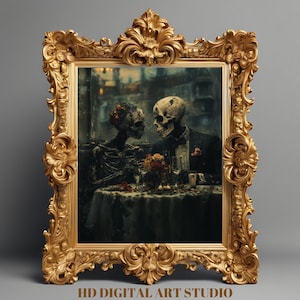 Skeleton Lovers Art - Gothic Romantic Skeleton Couple Print, Dark Romance Digital Download, Spooky Valentine Wall Art & Creepy Home Decor