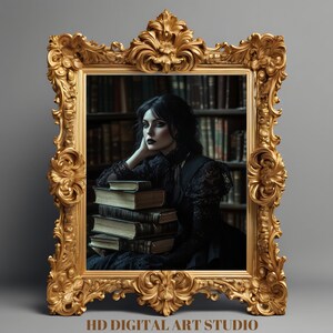 Gothic Woman Library Print – Dark Academia Wall Art, Bookish Decor, Victorian Portrait, Moody Literary Art, Vintage Reading Aesthetic Art