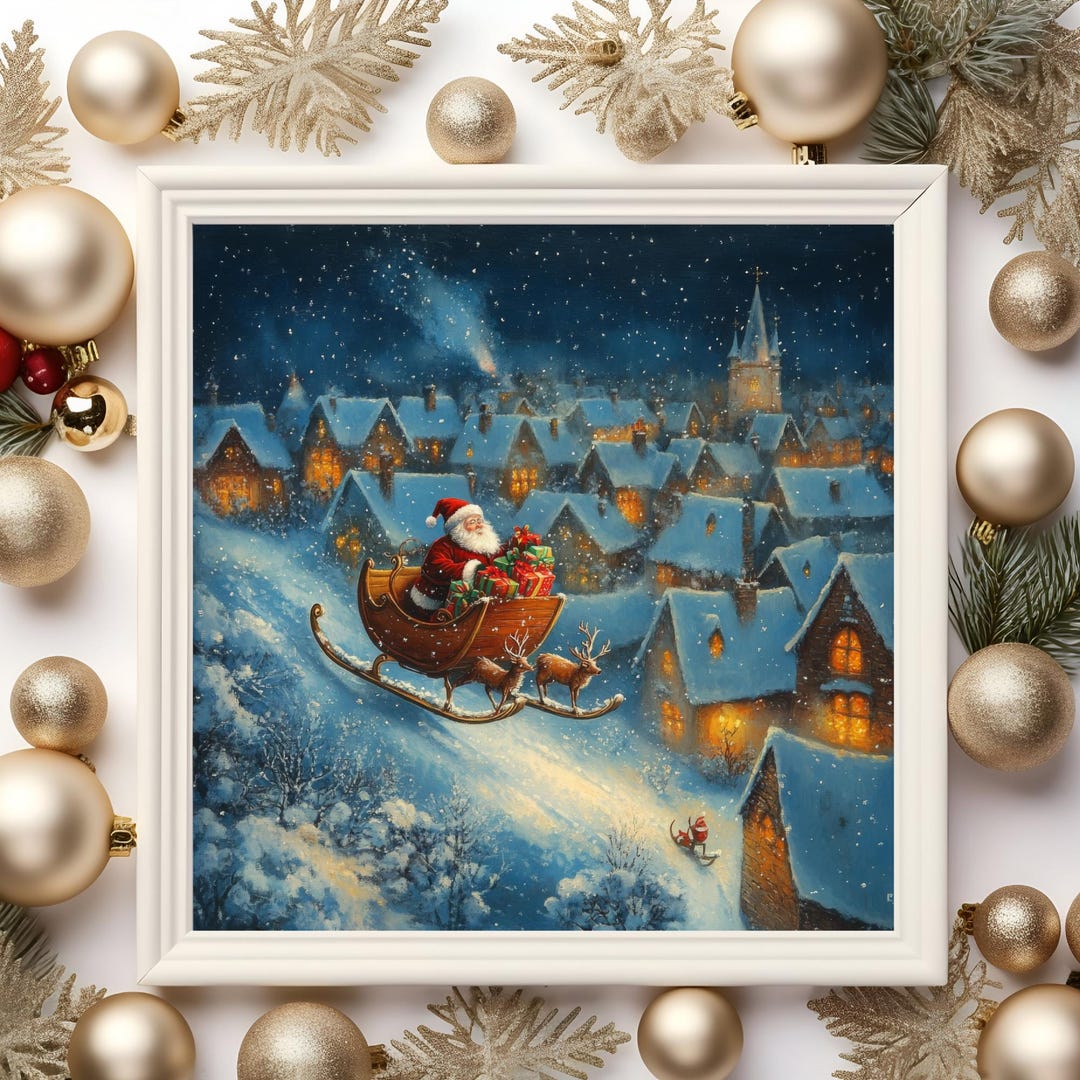 Santa Sleigh Art – Snowy Town Scene & Christmas Village Wall Art ...