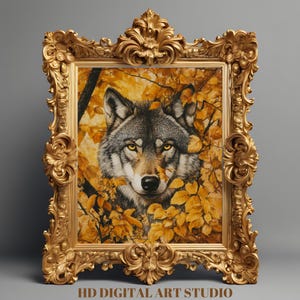 Floral Wolf Wall Art – Dark Cottagecore Forestcore Printable, Moody Boho Wolf Painting for Animal & Nature-Inspired Room Decor