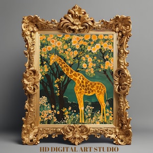 Floral Giraffe Wall Art Print – Whimsical Fantasy Forest Animal, Dark Cottagecore & Maximalist Eclectic Decor, Printable Giraffe Painting