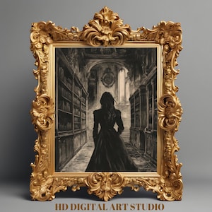 Stimmungsvolle Frau - Vintage Bibliothek Druck - Dark Academia Gemälde, Viktorianische Wandkunst, antike Bibliothek Kunst, Gothic Bücherwurm Dekor, Light Academia