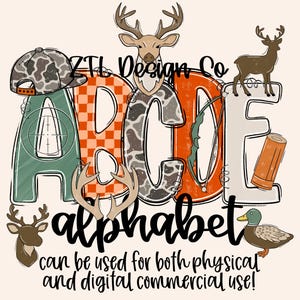 May include: A graphic design featuring the letters A, B, C, D, and E decorated with hunting-themed patterns like camouflage and orange plaid. It includes illustrations of deer, a cap, a bow, and a duck, with the text ZTL Design Co alphabet can be used for both physical and digital commercial use!