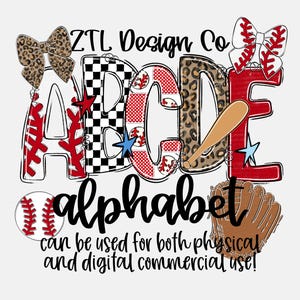 May include: A baseball-themed alphabet design featuring letters A to E. The letters are decorated with patterns like checkered, leopard print, and baseball stitching. The word "alphabet" is written below, with text stating it can be used for commercial use.