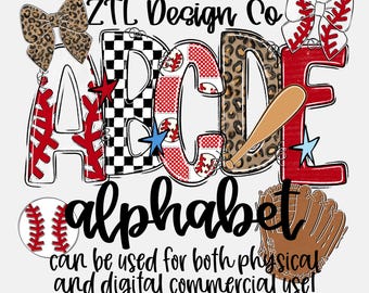 Baseball Alpha Set PNG, Leopard Sport Alphabet, Hand Drawn, Checkered, A-Z 0-9 Doodle Letters, Digital Ballpark Font Bundle, Coquette Bow
