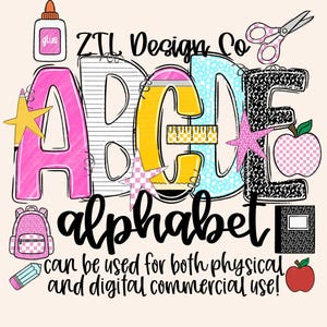 Girls Back To School Alpha Set PNG, Primary Alphabet, First Day Of School, Checkered, A-Z 0-9 Doodle Letters, Digital Font Bundle, Craft