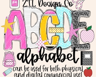 Girls Back To School Alpha Set PNG, Primary Alphabet, First Day Of School, Checkered, A-Z 0-9 Doodle Letters, Digital Font Bundle, Craft