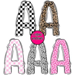 May include: Five letter "A" designs in various patterns. The designs include a black and white checkerboard, leopard print, pink and white checkered, black and white dalmatian spots, and pink leopard print. A pink circle in the center reads "5 colors/patterns."