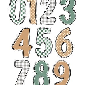 May include: A set of numbers 0-9 in various colors and patterns. The numbers are outlined in black and have a variety of textures, including gingham, polka dots, and solid colors. The numbers are designed with a whimsical, scrapbook style.