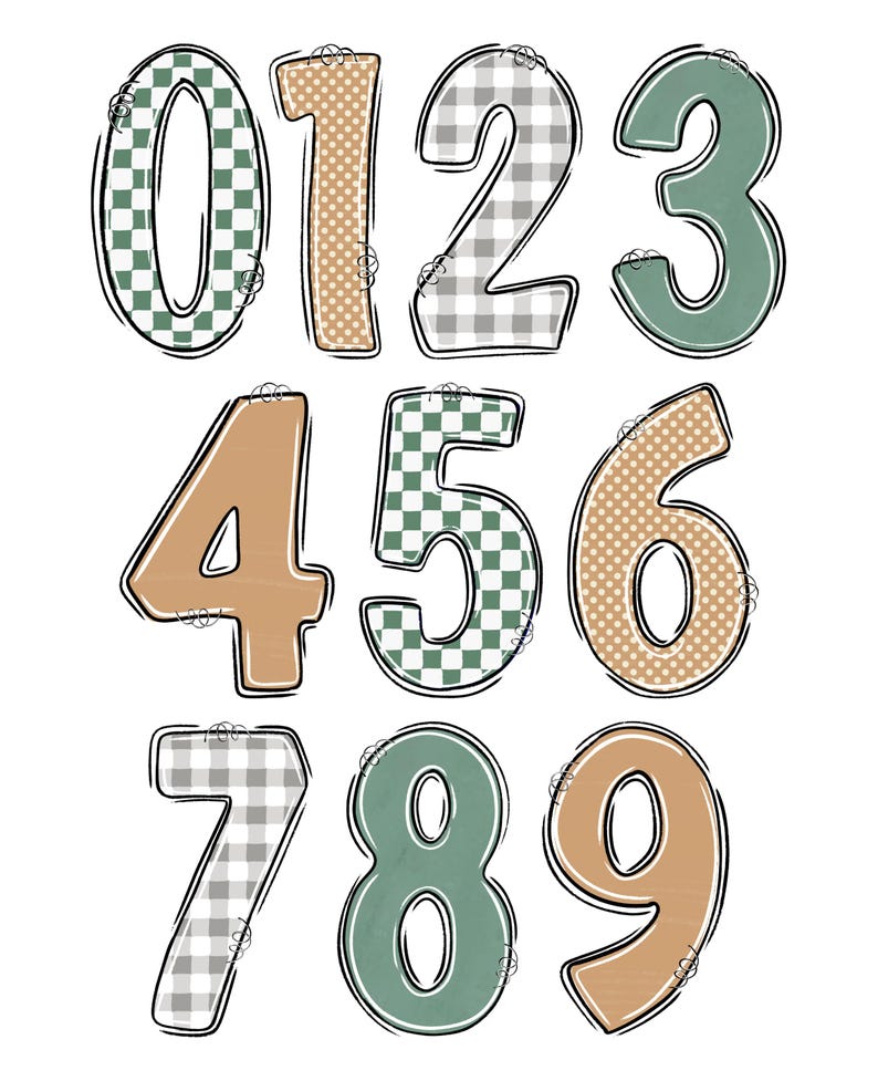 May include: A set of numbers 0-9 in various colors and patterns. The numbers are outlined in black and have a variety of textures, including gingham, polka dots, and solid colors. The numbers are designed with a whimsical, scrapbook style.