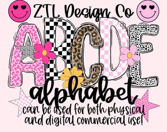 Pink Leopard Alpha Set PNG, Cheetah, Doodle Letters Alphabet, Hand Drawn, Leopard, A-Z 0-9, Retro Font Bundle, Checkered, Coquette, Craft
