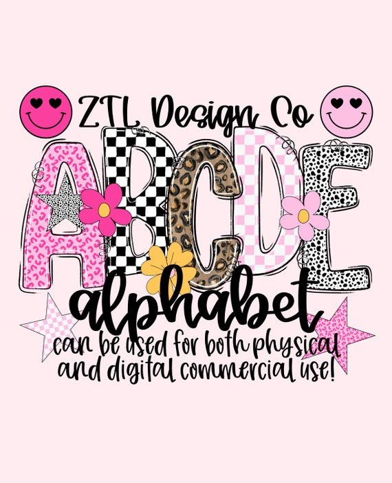 Pink Leopard Alpha Set PNG, Cheetah, Doodle Letters Alphabet, Hand Drawn, Leopard, A-Z 0-9, Retro Font Bundle, Checkered, Coquette, Craft