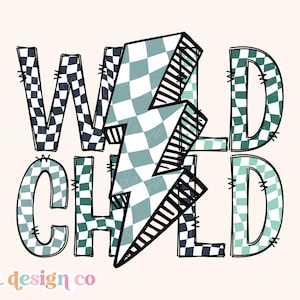 Retro Wild Child PNG Sublimation Sibling Doodle Checker Matching Kids Blue Toddler Little Boy Brother Smiley Shirt Graphic Design DTF DTG