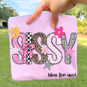 May include: A light pink t-shirt with the word "SASSY" in a playful, multi-patterned design. The letters feature leopard print, pink gingham, and black and white checkered patterns, accented with flower and star graphics. The text "Idea for use!" is printed below.