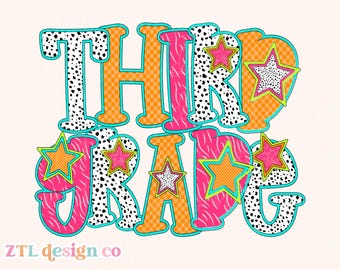 Third Grade PNG Digital Sublimation 3rd Preppy Colorful Checkered Zebra Print Dalmatian Dot Retro Back to School Girl Popular Graphic Design
