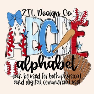 Könnte beinhalten: Baseball-Alphabet-Design mit den Buchstaben A bis E, dekoriert mit Baseball-Nähten, Schlägern und Sternen. Das Wort "Alphabet" steht darunter, mit Text, der die kommerzielle Nutzung angibt.