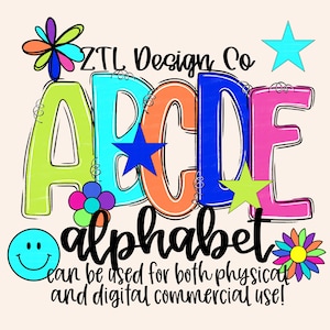 Può includere: Design colorato dell'alfabeto con le lettere A, B, C, D ed E in colori vivaci, adornato da stelle e fiori. La parola "alfabeto" è scritta in un carattere giocoso, con il testo "può essere utilizzato sia per uso commerciale fisico che digitale!"