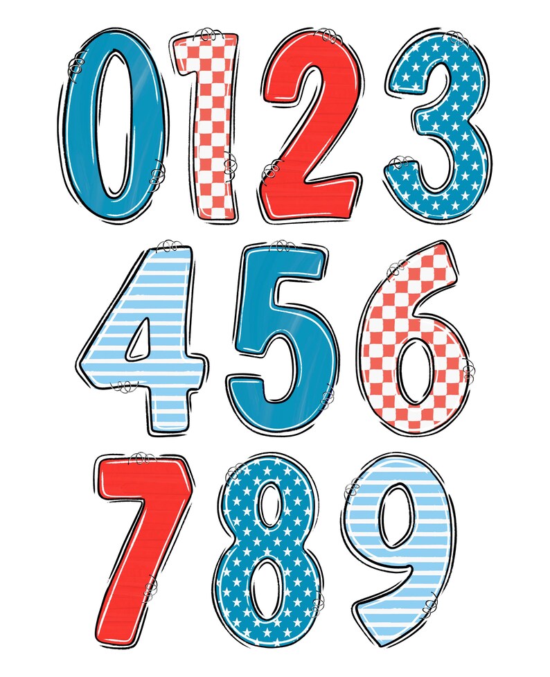 July 4th Alpha Set PNG, Checkered Alphabet, Hand Drawn, A-Z 0-9 Doodle ...