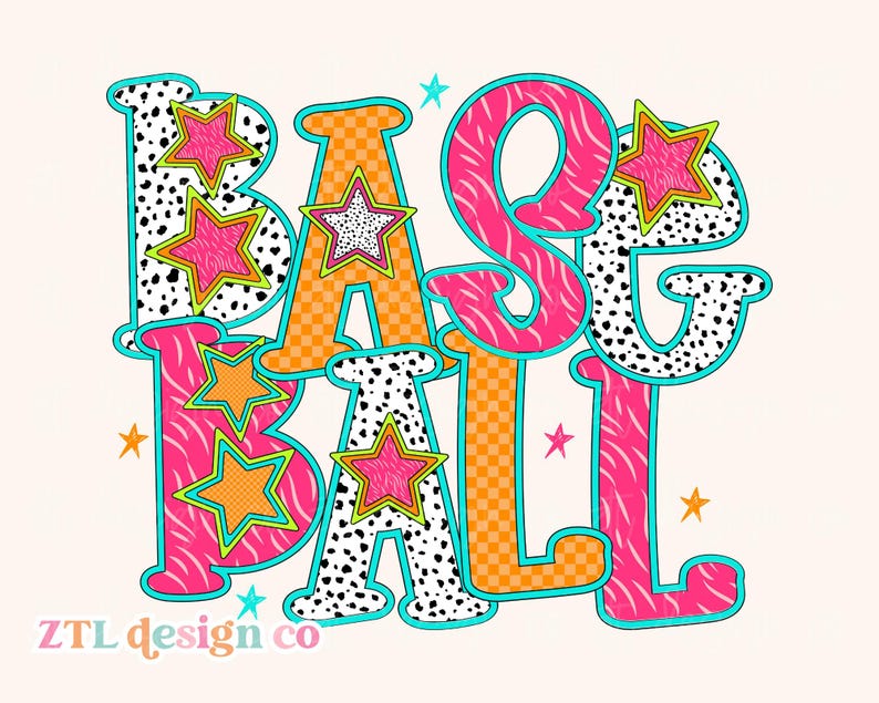 May include: A colorful graphic design spelling out "BASEBALL" in large, stylized letters. The letters feature various patterns, including zebra stripes, polka dots, and checkered designs, with star accents. The design has a teal outline and a light background.
