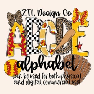 Peut inclure: Alphabet de softball avec les lettres A, B, C, D et E. Les lettres présentent des motifs tels que l'imprimé léopard, les carreaux et le jaune avec des détails de softball. Le mot "alphabet" est écrit en dessous, avec du texte indiquant qu'il peut être utilisé à des fins commerciales physiques et numériques.