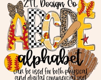 Softball Alpha Set PNG, Leopard Sport Alphabet, Hand Drawn, Checkered, A-Z 0-9 Doodle Letters, Digital Ballpark Font Bundle, Coquette Bow