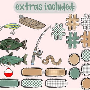 May include: Digital illustration featuring fishing-themed elements. Includes a fishing lure, boat, fishing rod, fish, worm, bobber, and decorative hashtag and circle designs. The text "extras included" is at the top. The color palette includes shades of green, brown, and blue.