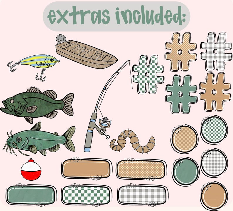 May include: Digital illustration featuring fishing-themed elements. Includes a fishing lure, boat, fishing rod, fish, worm, bobber, and decorative hashtag and circle designs. The text "extras included" is at the top. The color palette includes shades of green, brown, and blue.