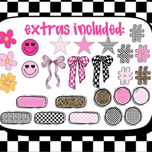 May include: A collection of digital graphics with a retro theme. Includes pink flowers, smiley faces with heart eyes, bows, stars, and hashtag symbols. The graphics feature various patterns, including leopard print, checkered, and solid colors. Text at the top reads "extras included:"