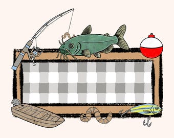 Boy Fishing Name Plate Frame PNG, Faux Applique, Catfish Png, Add Your Own Name, Blank Frame, Fishing Bobber, Checkered, Lure, Boy Png
