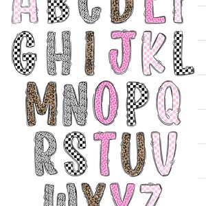 May include: A full alphabet in uppercase letters, each with a unique design. The letters feature patterns like pink checkered, black and white checkered, leopard print, and polka dots. The letters are outlined in black.