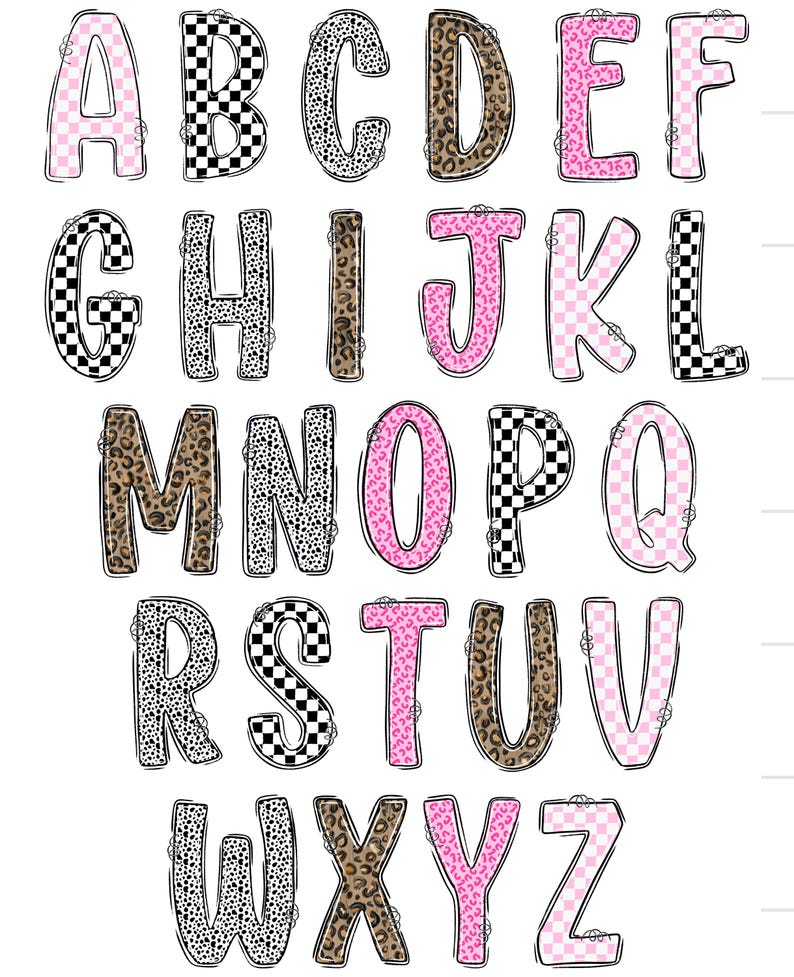 May include: A full alphabet in uppercase letters, each with a unique design. The letters feature patterns like pink checkered, black and white checkered, leopard print, and polka dots. The letters are outlined in black.