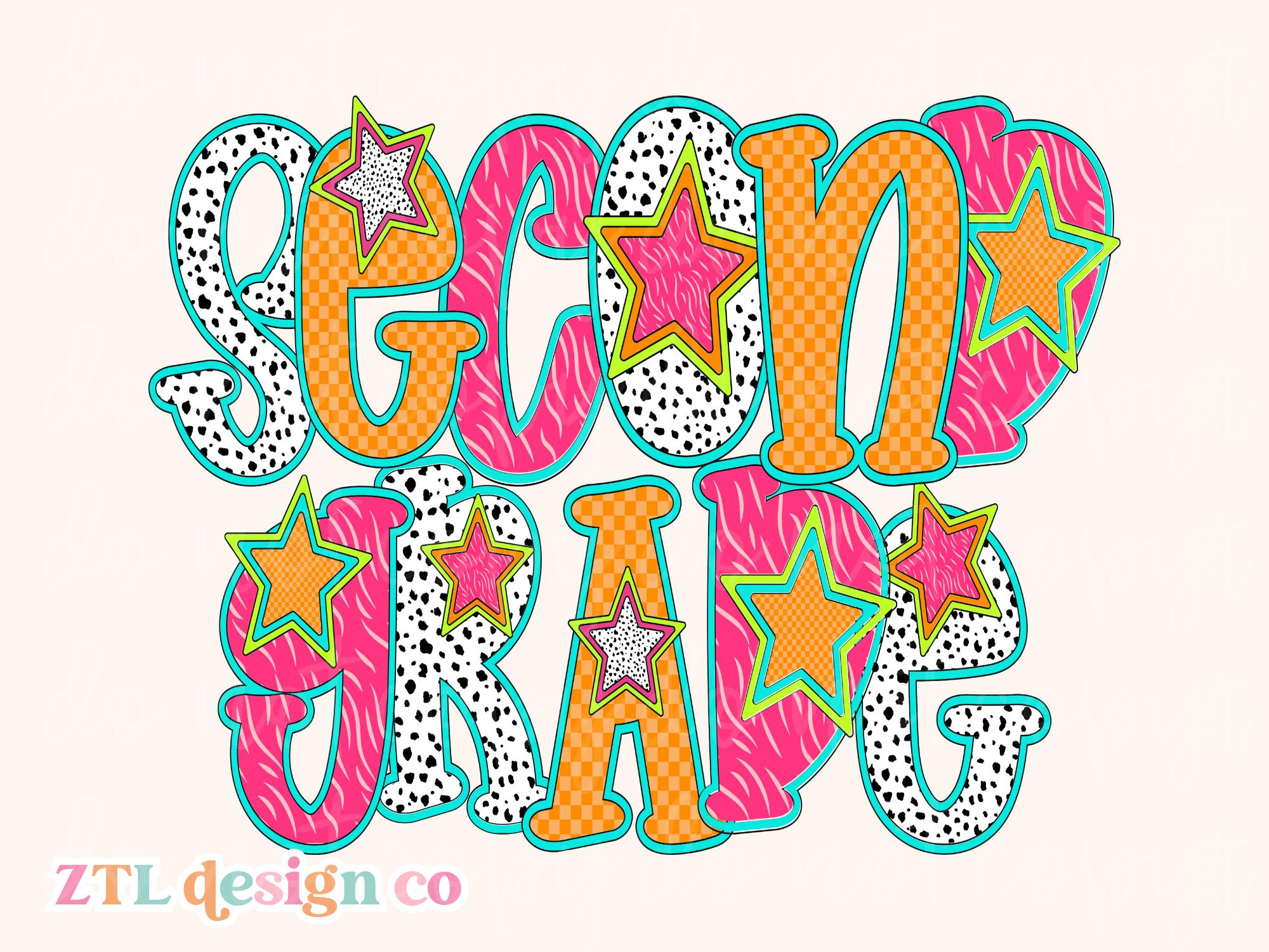 Second Grade PNG Digital Sublimation Preppy Colorful Checkered Zebra Print Dalmatian Dot Retro Back to School Girl Popular Graphic Design