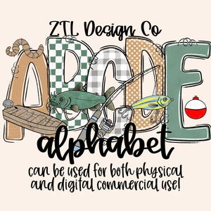 May include: A digital design with the word "DAD" in a fishing theme. The letters are decorated with fishing elements, including a boat, fish, and fishing rods. The word "alphabet" is written below, with text stating it can be used for physical and digital commercial use.